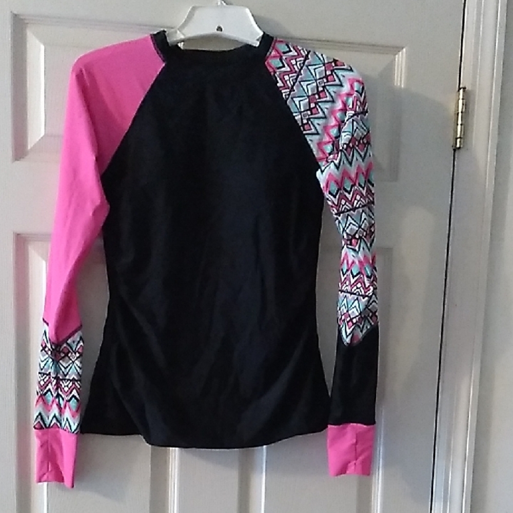 Black and Pink Raglan Athletic Top with Aztec-Print Sleeves